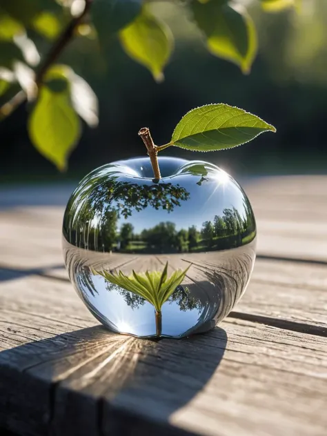 (8k photography,raw photo,film grain,detailed,high resolution:1.2),beautiful,summer,
a (see-through:1.2) reflective silver apple, field,clear glass
