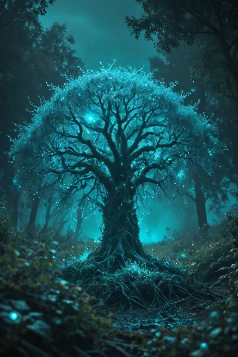(8k analog photo,magical landscape,cyan glowing:1.2), a glass tree in a magical forest with alien bushes all around, <lora:Bio-Luminescence:1> bioluminescent storm