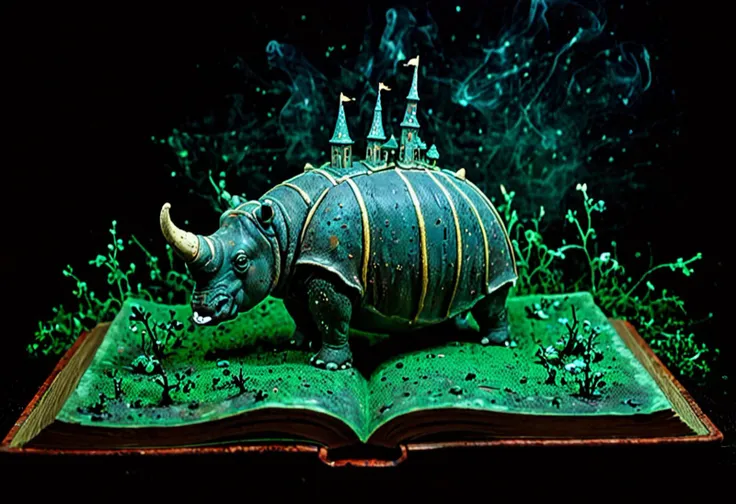 Fairy tale hippopotamus, zavy-flrscnc, against a dark background, <lora:zavy-flrscnc-sdxl:1>, zavy-flrscnc, fluorescent, dust,
 <lora:Hyper-SDXL-8steps-lora:1.0> . Magical, fantastical, enchanting, storybook style, highly detailed