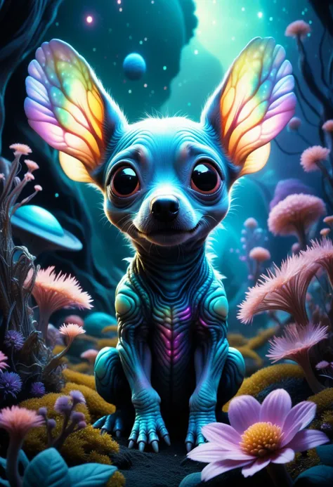 alien-themed theweirdies, A playful puppy-alien hybrid, hairless, frolics amidst the bioluminescent flora of a vibrant alien planet, its fur shimmering with iridescent hues, large, expressive eyes gaze curiously at strange, glowing plants, a sense of wonder and innocence permeates the scene, style of Yoshitaka Amano blended with the whimsical charm of Beatrix Potter, soft lighting, pastel color palette.
. extraterrestrial, cosmic, otherworldly, mysterious, sci-fi, highly detailed