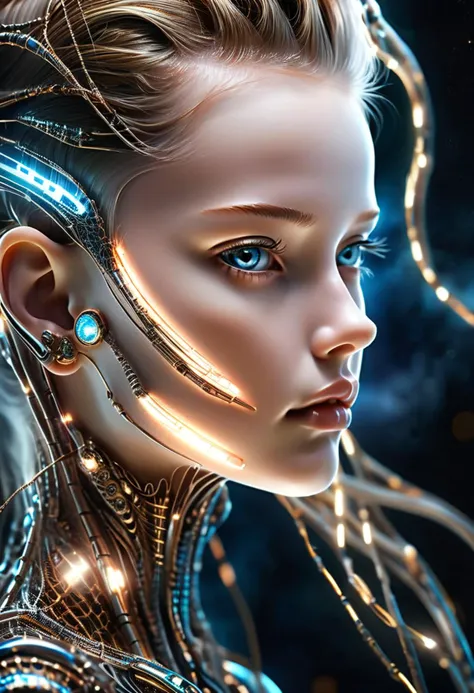 decopunk style, young woman with augments, close-up, standing confidently in front of a dark nebula, augment, her gaze directed towards the viewer. Her natural skin appears almost translucent, revealing the intricate network of metallic implants and fiber optics beneath. From the side, her augmented form is showcased, with high-resolution details and fine textures accentuating the fusion of flesh and machine. Physically-based unbiased rendering. style of H.R. Giger , <lora:sdxlAugmented> . luxurious and ornate aesthetic with glamorous elements, futuristic technology, and augmented mechanical enhancements