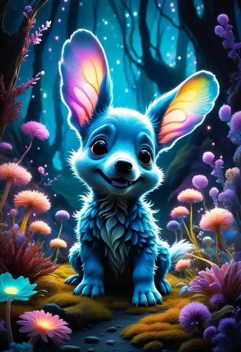 A playful puppy-alien hybrid frolics amidst the bioluminescent flora of a vibrant alien planet, its fur shimmering with iridescent hues, large, expressive eyes gaze curiously at strange, glowing plants, a sense of wonder and innocence permeates the scene, style of Yoshitaka Amano blended with the whimsical charm of Beatrix Potter, soft lighting, pastel color palette.