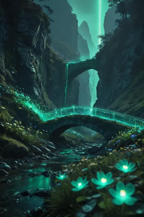 (8k analog photo,magical landscape,green glow:1.2), a obsidian bridge in a magical mountain with glittering flowers all around, <lora:Bio-Luminescence:1> bioluminescent mist