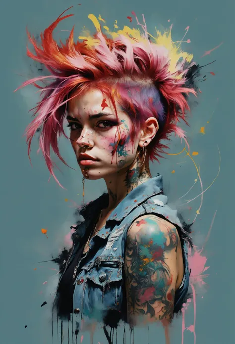 abstract expressionist painting Twilight, a rebellious young woman with fiery red and pink streaked hair, edgy charm, confident and tough stride, facial tattoo, free spirit, single small nose ring. Direct, unapologetic, a hint of mischief. highlighting her bold features, body art, style of Carne Griffiths. <lora:YossiKotlerXLStyle-000005:0.6>, yktlr, painting, messy ,abstractLora , . energetic brushwork, bold colors, abstract forms, expressive, emotional