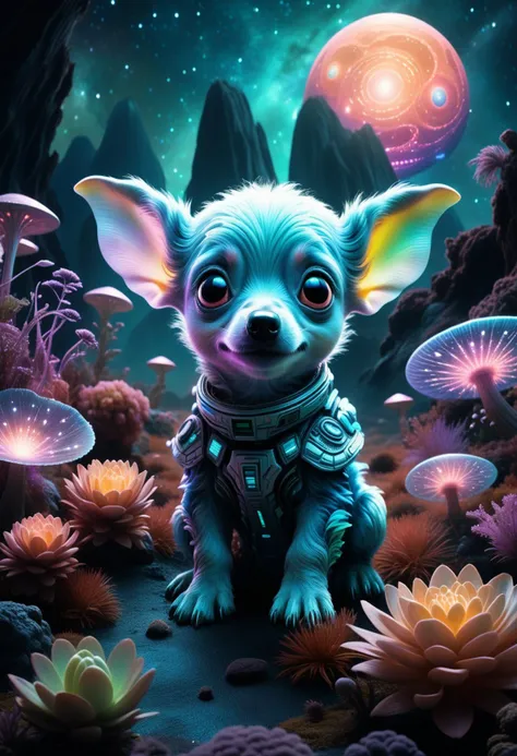 alien-themed theweirdies, A playful puppy-alien hybrid frolics amidst the bioluminescent flora of a vibrant alien planet, its fur shimmering with iridescent hues, large, expressive eyes gaze curiously at strange, glowing plants, a sense of wonder and innocence permeates the scene, style of Yoshitaka Amano blended with the whimsical charm of Beatrix Potter, soft lighting, pastel color palette.
. extraterrestrial, cosmic, otherworldly, mysterious, sci-fi, highly detailed