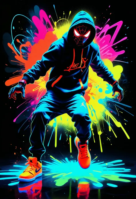 Miles Morales, a Street Expressionist B-boy, bathed in neon glow, dark night, his movements a blur of raw rhythmic flow, time-constrained graffiti art style, digital mural with quick-stroke details, scratched vinyl glitch aesthetic, glowing dust swirling around him, swagger, fierce intensity, palette of underground hues, broken beat glitches capture his pulse. against a darkened background, air_jordan shoes,  <lora:SDXL/zavy-flrscnc-sdxl.safetensors:0.5> zavy-flrscnc, fluorescent, dust, fluorescent dust, fluorescent spraypaint, perfection style, perfection, perfect, <lora:zavy-flrscnc-sdxl:0.5>,  <lora:zavy-cntrst-sdxl:1.0>, <lora:perfection style:1>,