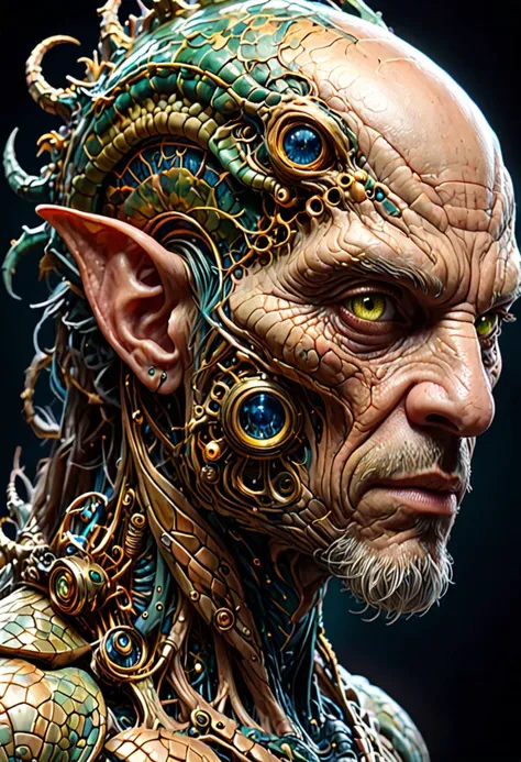 Hyperrealistic art female human dragon hybrid, covered in matte scales as skin, extreme close-up, striking reptilian eyes, dragon horns, bald, braided ponytail, exudes confidence and power, sunet, rim lighting, cold colors. style of Don Lawrence, style of (Will Murai:1.2), style of (Greg Rutkowski:0.8), <lora:SDXLFaeTastic2400:1.0>,
<lora:Hyper-SDXL-8steps-lora:1.0> . Extremely high-resolution details, photographic, realism pushed to extreme, fine texture, incredibly lifelike