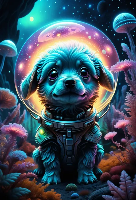 alien-themed theweirdies, A playful puppy-alien hybrid frolics amidst the bioluminescent flora of a vibrant alien planet, its fur shimmering with iridescent hues, large, expressive eyes gaze curiously at strange, glowing plants, a sense of wonder and innocence permeates the scene, style of Yoshitaka Amano blended with the whimsical charm of Beatrix Potter, soft lighting, pastel color palette.
. extraterrestrial, cosmic, otherworldly, mysterious, sci-fi, highly detailed