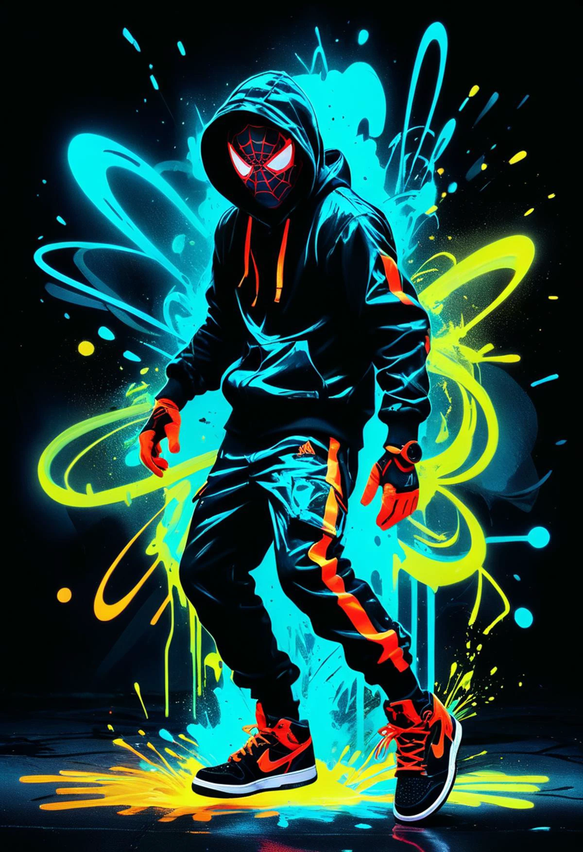 Miles Morales, a Street Expressionist B-boy, bathed in neon glow, dark night, his movements a blur of raw rhythmic flow, time-constrained graffiti art style, digital mural with quick-stroke details, scratched vinyl glitch aesthetic, glowing dust swirling around him, swagger, fierce intensity, palette of underground hues, broken beat glitches capture his pulse. against a darkened background, air_jordan shoes, <lora:SDXL/zavy-flrscnc-sdxl.safetensors:0.5> zavy-flrscnc, fluorescent, dust, fluorescent dust, fluorescent spraypaint, perfection style, perfection, perfect, <lora:zavy-flrscnc-sdxl:0.5>, <lora:zavy-cntrst-sdxl:1.0>, <lora:perfection style:1>,