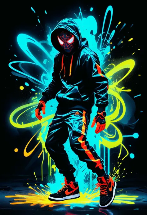 Miles Morales, a Street Expressionist B-boy, bathed in neon glow, dark night, his movements a blur of raw rhythmic flow, time-constrained graffiti art style, digital mural with quick-stroke details, scratched vinyl glitch aesthetic, glowing dust swirling around him, swagger, fierce intensity, palette of underground hues, broken beat glitches capture his pulse. against a darkened background, air_jordan shoes,  <lora:SDXL/zavy-flrscnc-sdxl.safetensors:0.5> zavy-flrscnc, fluorescent, dust, fluorescent dust, fluorescent spraypaint, perfection style, perfection, perfect, <lora:zavy-flrscnc-sdxl:0.5>,  <lora:zavy-cntrst-sdxl:1.0>, <lora:perfection style:1>,