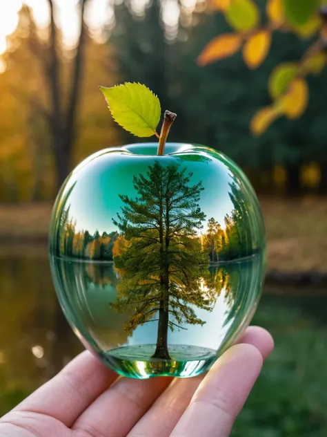 (8k photography,raw photo,film grain,detailed,high resolution:1.2),beautiful,autumn,
a (see-through:1.2) reflective emerald apple, forest,clear glass