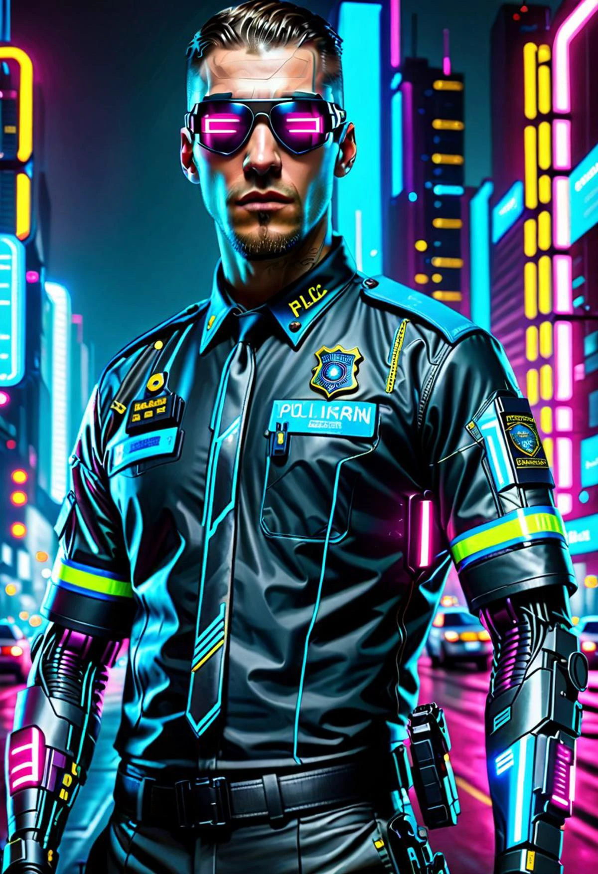 realistic photo, photorealistic, hyperrealistic, intricate details, 1man, 35 years old, policeman, cyber sunglasses, dressed in cyber armor with a holographic outline, an intricate device in his hand, a laser pistol on his belt, cityscape, neon lights, cyberpunk, 2077 Style, <lora:zavy-cbrpnk-sdxl:1> zavy-cbrpnk, faceplate <lora:Hyper-SDXL-8steps-lora:1>