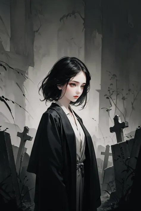 (masterpiece,best quality),highres,
1girl,upper body,<lora:Freehand_Brushwork:0.6>,[graveyard:girl:0.9],night,Gloomy atmosphere,simple background,