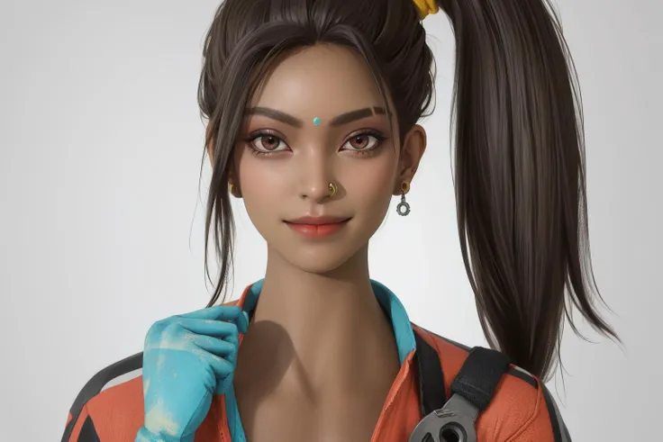 rampart, dark-skinned female, earrings, jewelry, looking at viewer, piercing, side ponytail, smile, open jumpsuit, gloves, navel,
(underboob, cleavage, highleg panties,)
((workshop in background, oil, dirt of face, wrench,))
(masterpiece, sharp focus, crisp image, high quality, best quality, detailed face, detailed eyes, intricate details volumetric lighting),
<lora:Rampart-10v7:0.7>