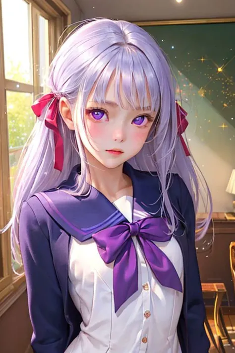 (masterpiece, best quality:1.4),
(photorealistic, detailed:1), luminous skin,
1girl, looking at viewer,
(young, cute:1.2), (round face:1), small breasts, (plump:0.6), vagina, (school uniform:1), silver hair, hair ribbons,
turned up eyes, purple eyes,
indoor, room, night, (bloom, twinkling light particles:1.2),