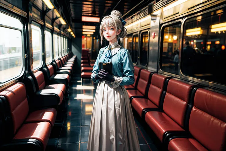 <lora:TWEAK_Detail:0.8>masterpiece, best quality, highres,
victorian, solo, 1girl, steam locomotive, train station, feet out of frame, standing
BREAK <lora:AN94:0.6> an94, tsurime, hair ribbon, bangs, braided bun, single hair bun, sidelocks, silver hair, long hair, gem, necklace, earrings, (juliet sleeves:1.2), (blue bolero:1.2), (white ascot:1.2), long sleeves, (brown:1.2) gloves, white skirt, long dress, own hands together, hands down, light smile, closed mouth