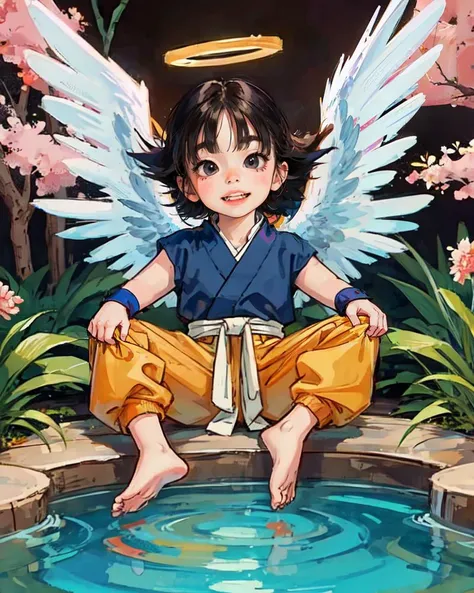 (full body:1.3), photography of a KidGoku, son goku, (child), solo focus, black hair, spiked hair, halo, angel wings, 
monkey tail, wristband, yellow_orange dougi,
sitting on ass, knees up, spread legs,
Japanese garden, Zen tranquility, koi pond, bonsai trees, cherry blossoms, serenity.,
(realistic,detailed, best quality:1.4), QuickHands, <lora:QuickHandV2:0.6> <lora:KidGoku:0.8> <lora:son_goku_offset:0.4>