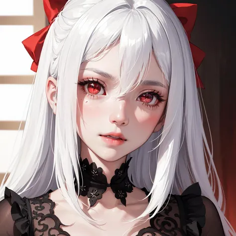 (artwork), (masterpiece), (detailed eyes), (extreme quality eyes), (cinematic lighting), (linear lighting), (delicate, cute, beautiful face), a girl (beautiful white hair, with pretty bows), white skin, ((red eyes, intense, sparkling different vibrant)), wearing a torn, dirty, shabby sock outfit, dark room backdrop, cinematic linear indirect lighting