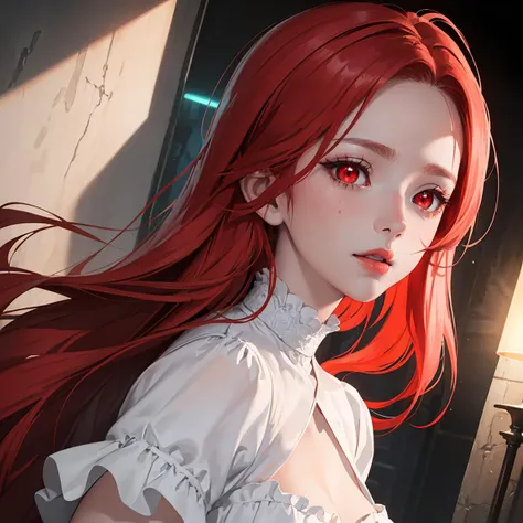 (masterpiece), (artwork), (amazing masterpiece), (best illustration), (best coloring), (extremely detailed CG 8k unity wallpaper), (amazing landscape), (cinematic lighting), (wit studio lighting) a cute girl, (long red hair), (intense, Glittering glowing luminescent red eyes), fair skin, (long white hair), wearing a nice white dress (half gray), pretty face.