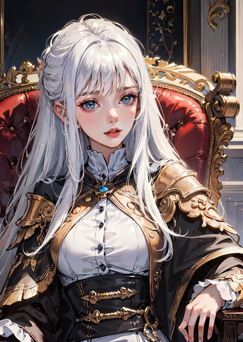 a woman with white hair on the throne wearing cape, suggestive, revealing, (masterpiece, very high details, minute details,  top quality, best quality, official art, beautiful and aesthetic:1.2)