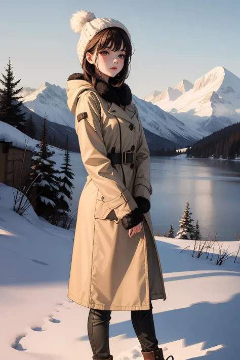 mountains, winter, girl, coat, hat with pompom, (best quality:1.1), (masterpiece:1.2), high quality shadow, beautiful detailed,(wide_landscape,8k), highres, best shadow, best illumination,  <lora:add_detail:0.4>