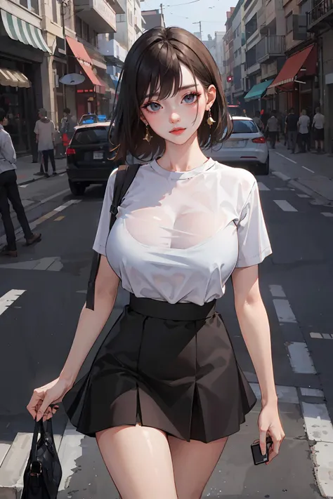(masterpiece:1.2, best quality), (real picture, intricate details), 1lady, cropped shirt, high-waist miniskirt, street, urban, make up, big tits, big pelvis, sharp eyes, make up