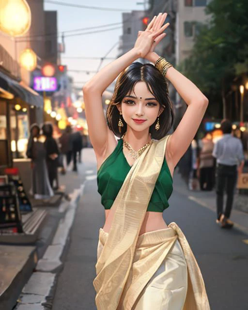 nikon RAW photo,8 k, Fujifilm XT3,masterpiece, best quality, realistic, photorealistic, ultra detailed, extremely detailed face, small smile, solo,1girl, standing, fashionable and trendy atmosphere, and a stylish expression on her face, close up, mature body, Indian saree, walking, at the dark streets, Saree Love, light smile, beautiful fingers