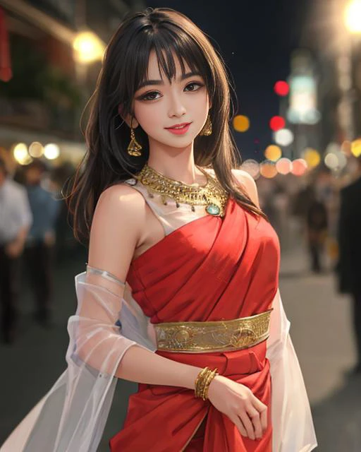 nikon RAW photo,8 k, Fujifilm XT3,masterpiece, best quality, realistic, photorealistic, ultra detailed, extremely detailed face, small smile, solo,1girl, standing, fashionable and trendy atmosphere, and a stylish expression on her face, close up, mature body, Indian saree, walking, at the dark streets, Saree Love, light smile, beautiful fingers