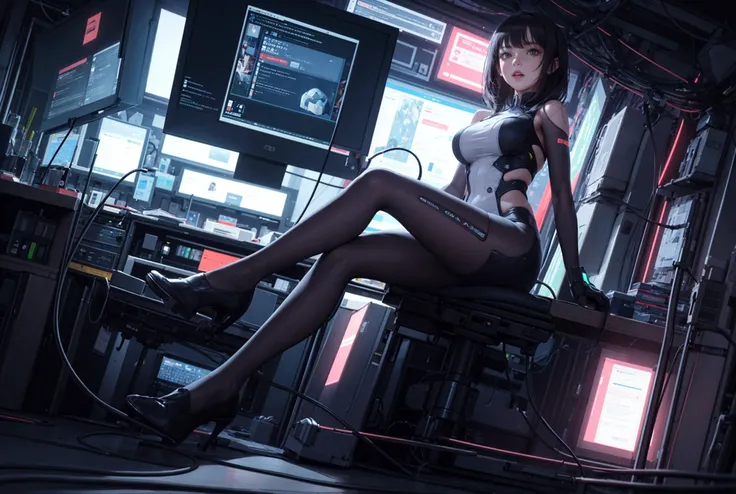 huge filesize,screen,desk,cable,computer,monitor,from below,machine,cyberpunk,swivel chair,dutch angle,power_lines,science fiction,complex backgound,in doors,table,1 girl,sitting,(dark:1.2),dusky,basement,(robat:0.8),high heels,
