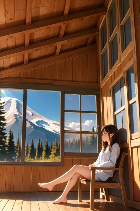 1girl, Tranquil Relaxing Atmosphere, Honorable Meek [Nature reserve:Mount Rainier National Park:2] from inside of a Shed, calming style, soothing colors, peaceful, idealic, Tranquil Relaxing Atmosphere