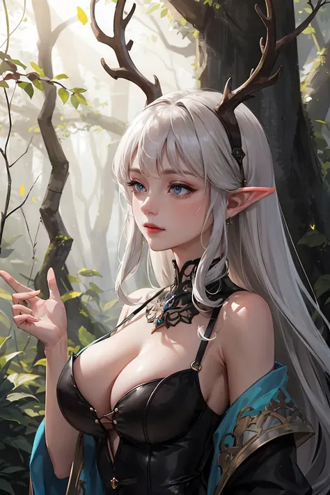 (masterpiece:1.2, best quality), (real picture, intricate details), (1lady, solo, upper body:1.2), big tits
mystical forest, with tall trees and a misty atmosphere. The sky is hidden by the dense canopy, but shafts of light filter through, creating a magical effect. In the foreground, a group of fireflies glow brightly, adding to the enchantment of the scene. A stag with majestic antlers stands alert, its eyes gleaming in the darkness. A group of elves with pointed ears can be seen flitting about, spreading magic wherever they go.