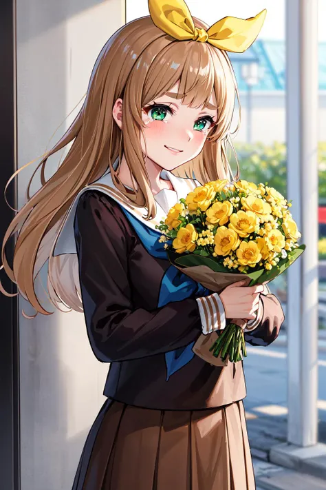 masterpiece, best quality, highres, yuuko1, 1girl, solo, school uniform, green eyes, long hair, neckerchief, pleated skirt, brown hair, brown skirt, blue neckerchief, yellow hair ribbon, long sleeves, brown shirt, sailor collar, bangs, eyebrows <lora:yoshikawa_yuuko_v1:0.6>, smile, tears, holding bouquet,