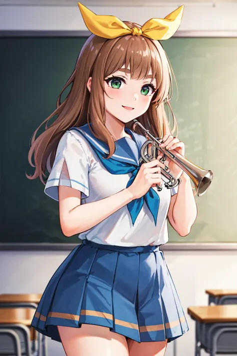 masterpiece, best quality, highres, yuuko1, 1girl, solo, school uniform, green eyes, long hair, neckerchief, pleated skirt, brown hair, blue skirt, blue neckerchief, yellow_hair_ribbon, short sleeves, white shirt, blue sailor collar, bangs, eyebrows, <lora:yoshikawa_yuuko_v1:0.6>, cowboy shot, classroom, smile, (holding trumpet:1.2),