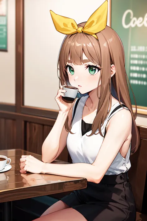 masterpiece, best quality, highres, yuuko1, 1girl, solo, green eyes, long hair, brown hair, yellow_hair_ribbon, short sleeves, bangs, eyebrows, <lora:yoshikawa_yuuko_v1:0.6>, black dress, cafe, sitting, sleeveless,