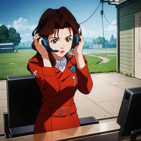 masterpiece,high quality,solo,outdoors,circuit,grand prix,
<lora:KyokoAoi001:0.7>,
KyokoAoi,1woman,
long hair,brown hair,brown eyes,lipstick,
headset,
skirt suit,red jacket,belt,
towards the course,machinery,table,looking down,hands on headsets,