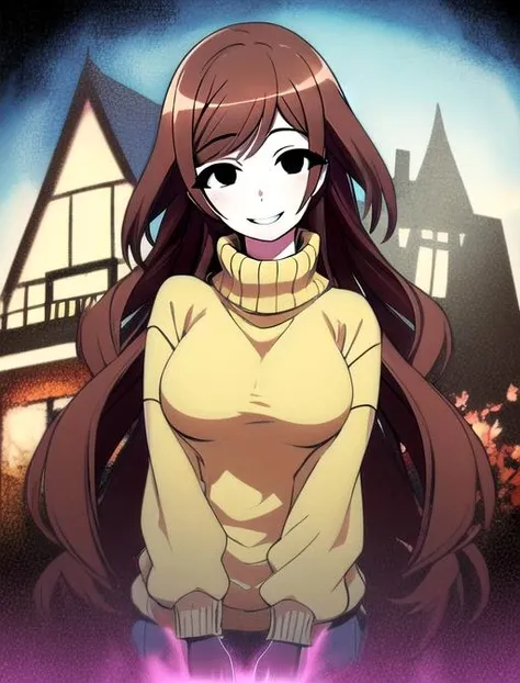 best quality, masterpiece, highres, detailed, digital artwork, <lora:Detail - add_detail:0.2>, EikoHozuki, brown hair, smile, ^_^, <lora:EikoHozuki-10:0.9>, yandere, black eyes, dead eyes, wide smile, evil smile, wide, black aura, horror \(theme\), haunted house, yellow sweater, head tilt, medium breasts, gloves, pink gloves,