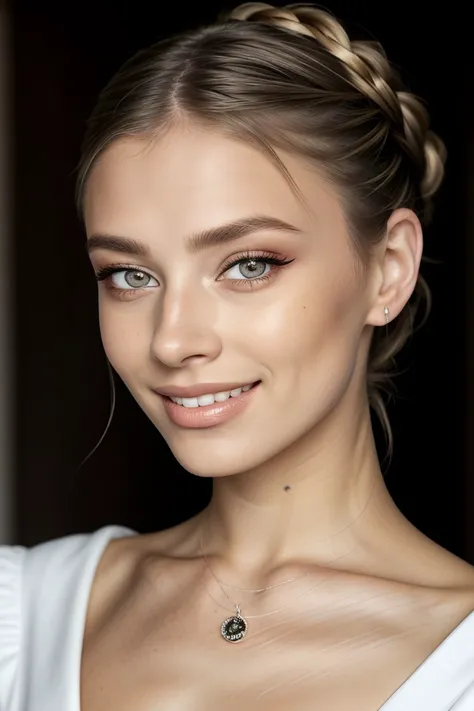 <lora:ViktoriaTishko_v1-000013:.9> ViktoriaTishko smile wearing makeup and mascara, focus on eyes, close up on face, light sand hair styled dutch braided updo
