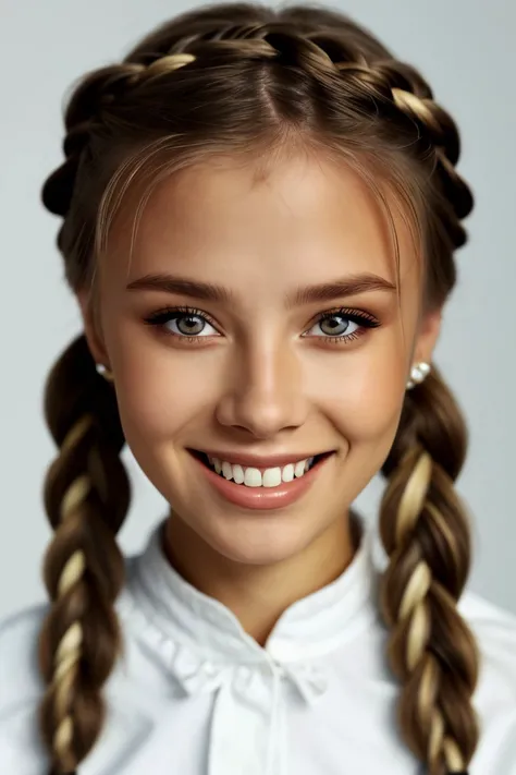 <lora:ViktoriaTishko_v1-000013:.9> ViktoriaTishko, focus on eyes, close up on face, smiling, hair styled rope braid