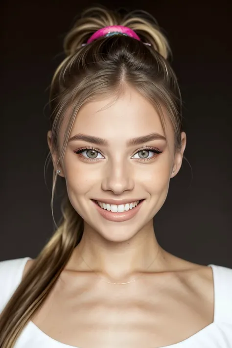 <lora:ViktoriaTishko_v1-000013:.9> ViktoriaTishko smile wearing makeup and mascara, focus on eyes, close up on face, huge smile, hair styled crimped ponytail