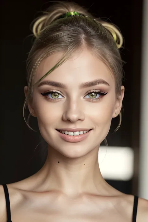 <lora:ViktoriaTishko_v1-000013:.9> ViktoriaTishko smile wearing makeup and eyeliner, focus on eyes, close up on face, chartreuse color hair styled high ponytail