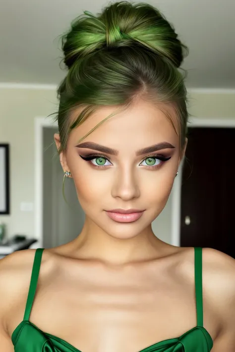 <lora:ViktoriaTishko_v1-000013:.9> ViktoriaTishko smile wearing makeup and eyeliner, focus on eyes, close up on face, pouting, myrtle green color hair styled undone updo