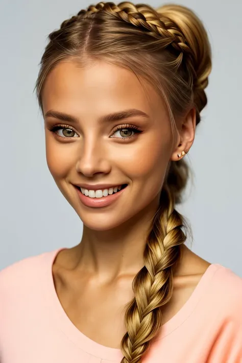 <lora:ViktoriaTishko_v1-000013:.9> ViktoriaTishko, focus on eyes, close up on face, huge smile, wearing jewelry, color peach hair styled Dutch braid ponytail