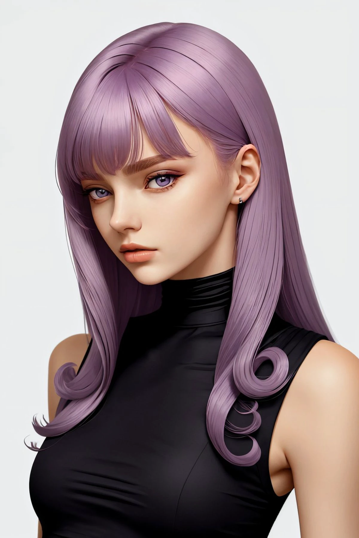 minimalist design of, clean lines, flat colors, simplicity headshot <lora:ViktoriaTishko_v1:.9> ViktoriaTishko, focus on face, wearing conservative clothing , her light purple color hair is styled as Curly Bangs,