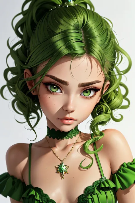 <lora:ViktoriaTishko_v1-000013:.9> ViktoriaTishko, focus on eyes, close up on face, pouting, wearing jewelry, apple green color hair styled Faux Hawk with Curly Hair