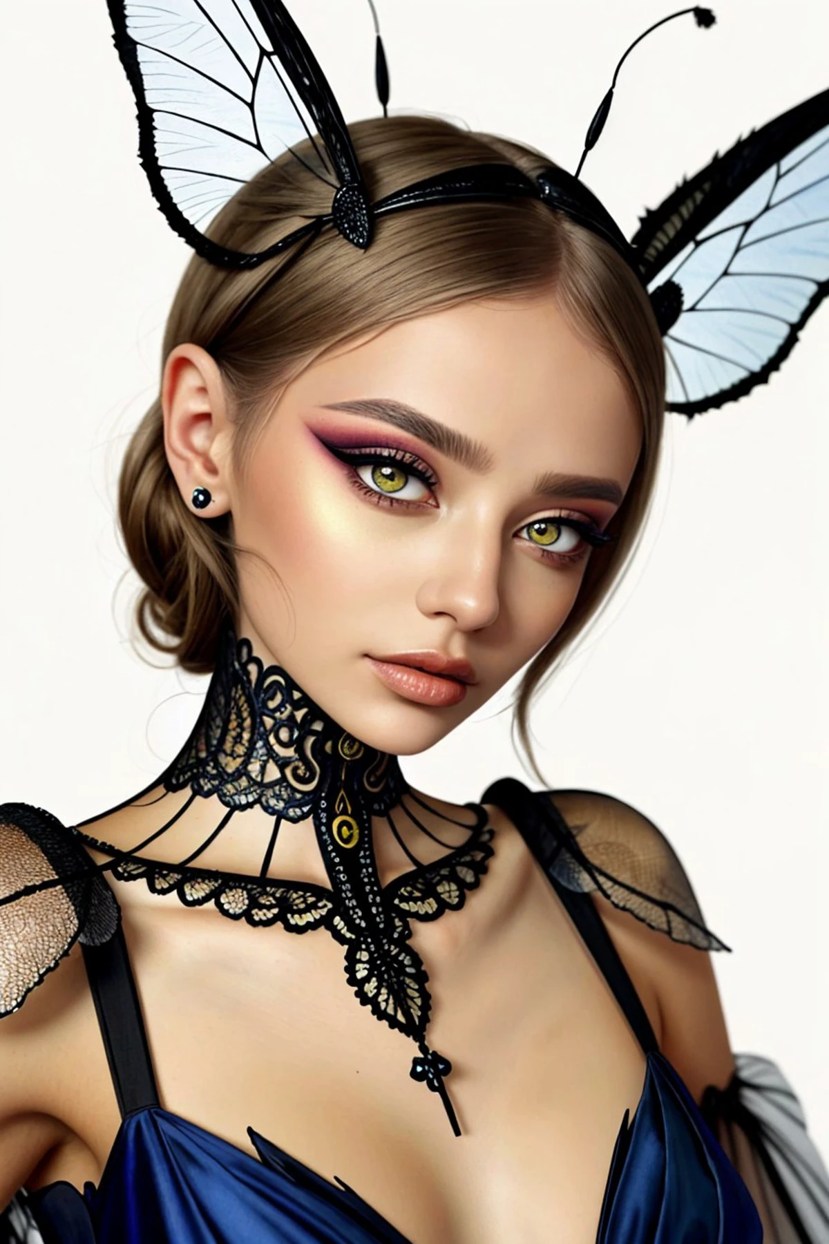 an extremely detailed, intricate watercolor painting of <lora:ViktoriaTishko_v1:.9> ViktoriaTishko wearing makeup and eyeliner with ant antenna on her head, she has multifaceted eyes, she has insect wings for ears