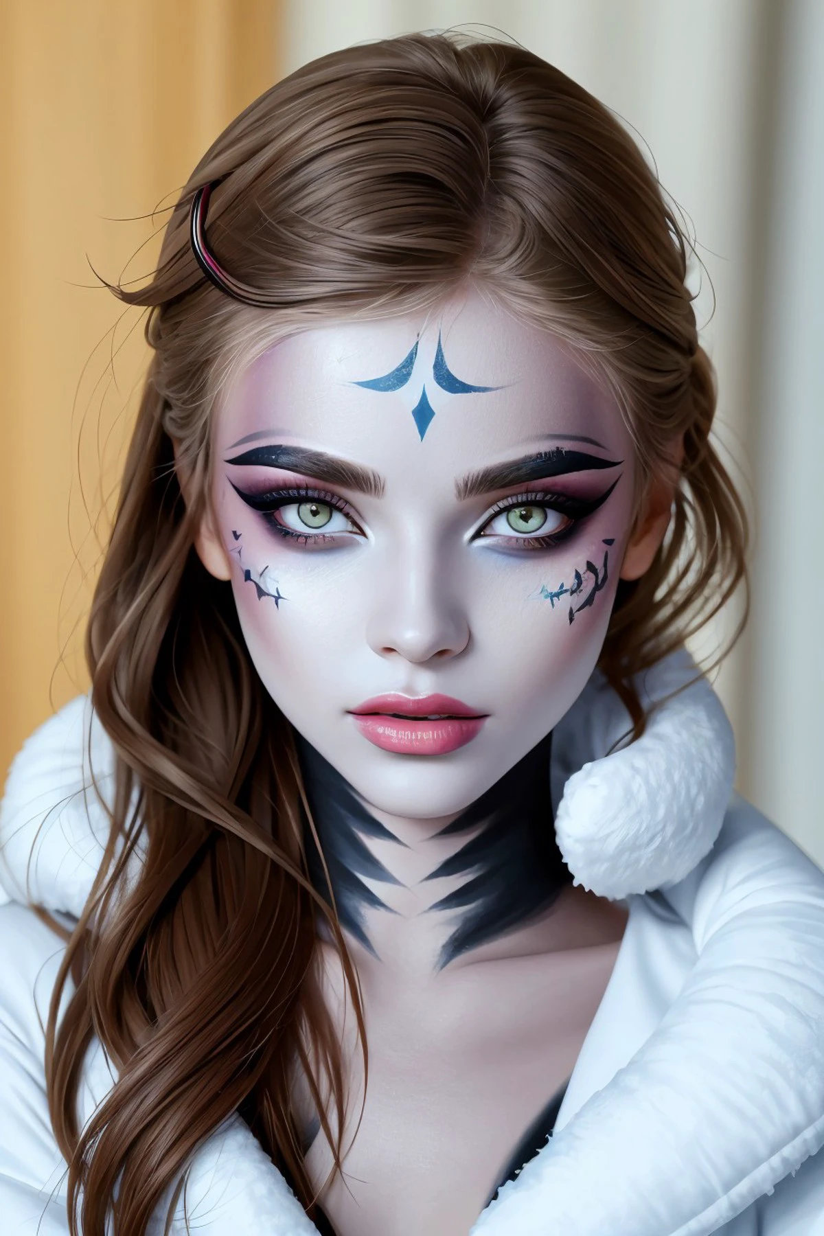 realistic photo of <lora:ViktoriaTishko_v1:.9> ViktoriaTishko wearing makeup and eyeliner, close up on face, focus on eyes, (winter face paint:1.2)