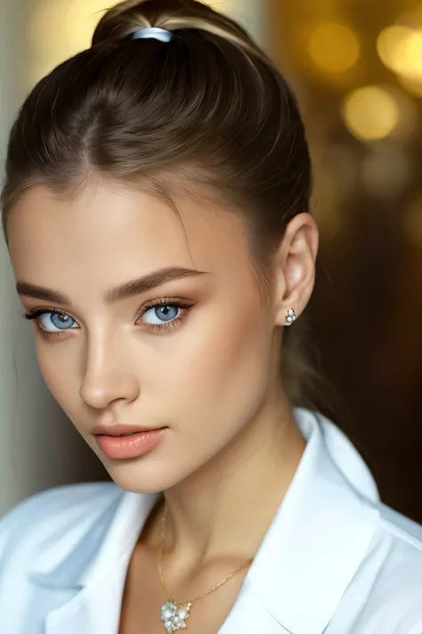 <lora:ViktoriaTishko_v1-000013:.9> ViktoriaTishko, focus on eyes, close up on face, wearing jewelry, hair styled curly ponytail