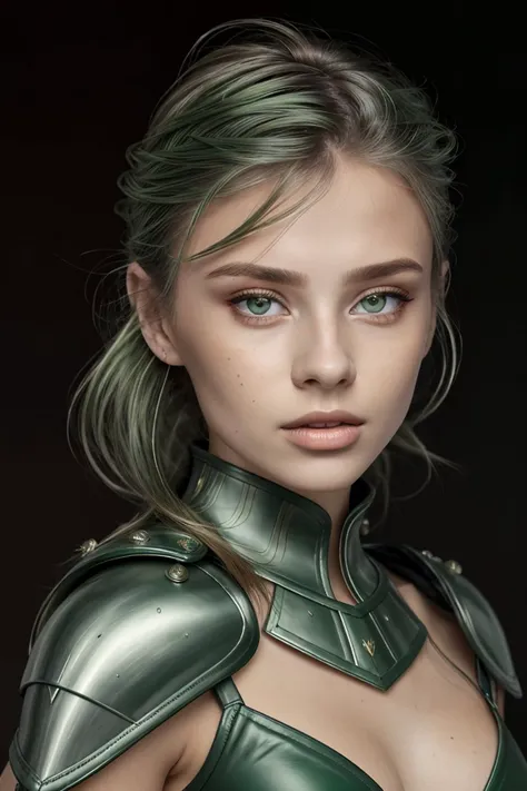 headshot photo of <lora:ViktoriaTishko_v1-000013:.9> ViktoriaTishko, focus on face, wearing leather armor , her seafoam green color hair is styled as pinned back hair,
