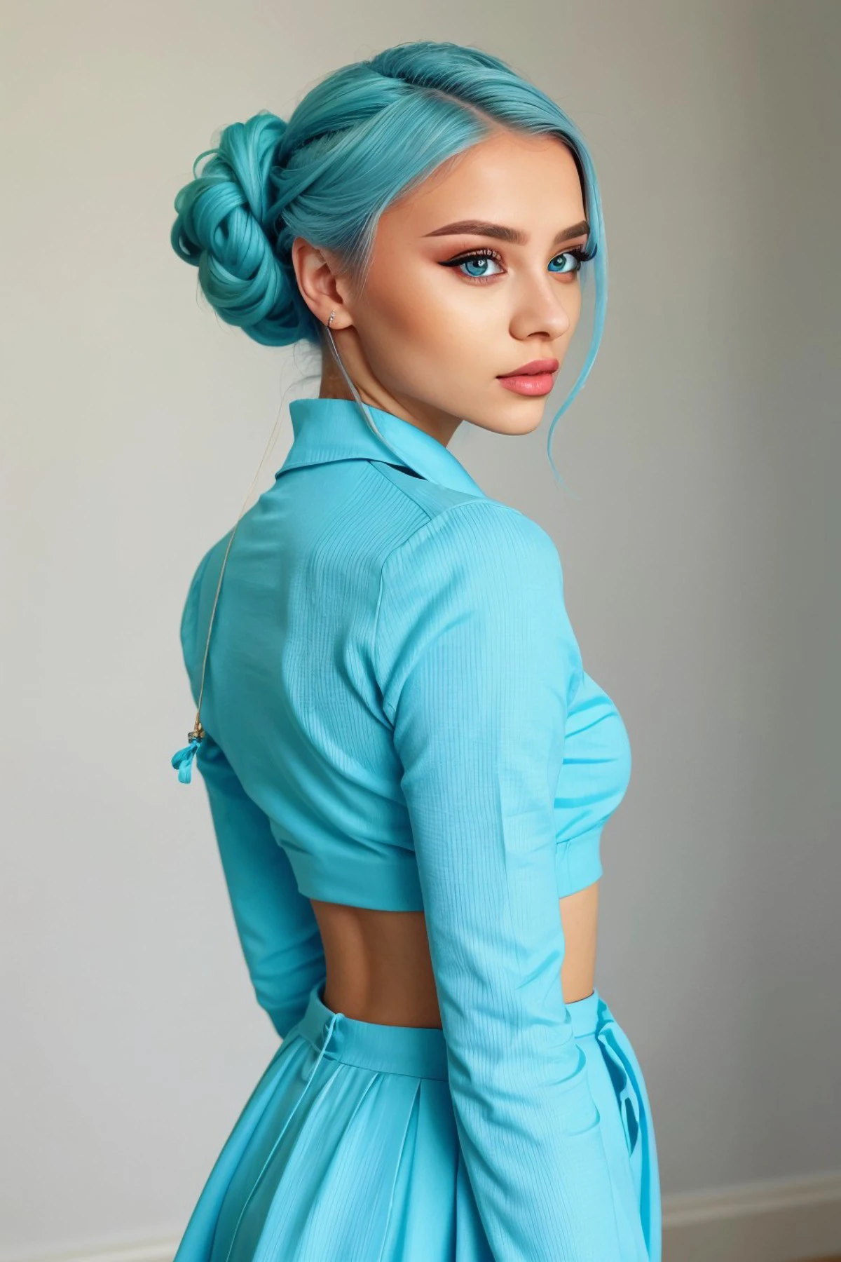 headshot of realistic photo of <lora:ViktoriaTishko_v1:.9> ViktoriaTishko wearing makeup and eyeliner, focus on face, from behind wearing conservative clothing , her light pastel blue hair is styled as rope braid rolled bun,