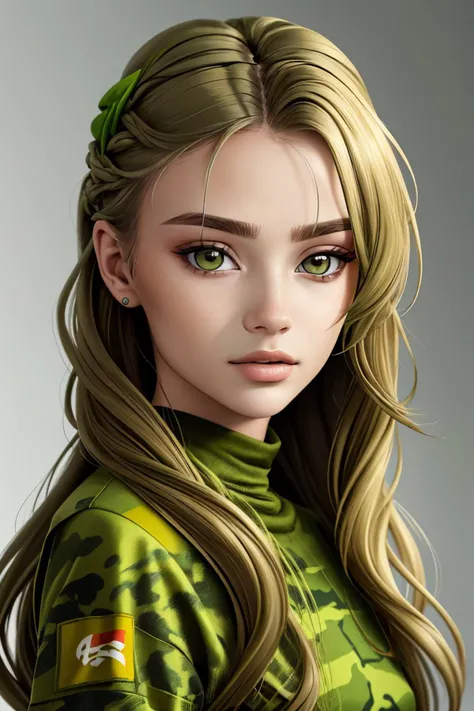portrait photo of <lora:ViktoriaTishko_v1-000013:.9> ViktoriaTishko, focus on face, wearing camo , her color chartreuse hair is styled as side part waves hair,